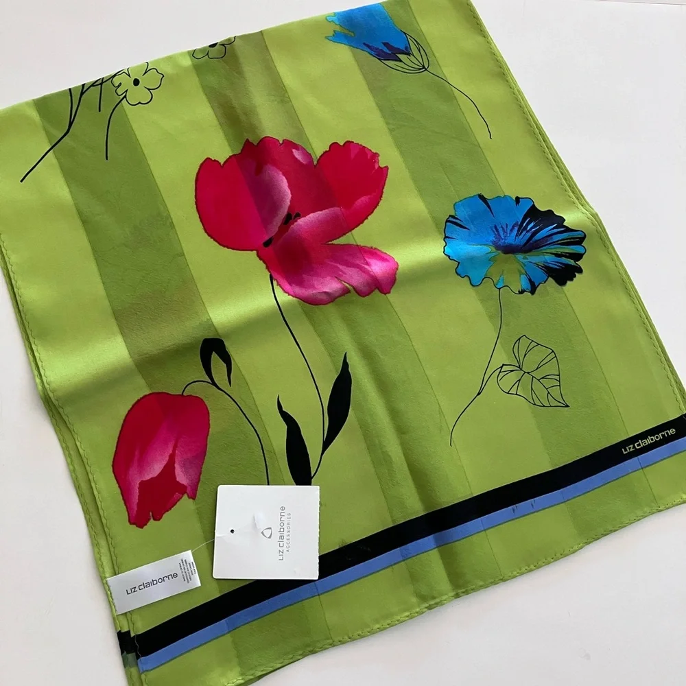 Liz Claiborne Lime Green Floral Silk Accent Scarf with Pink and Blue Blooms